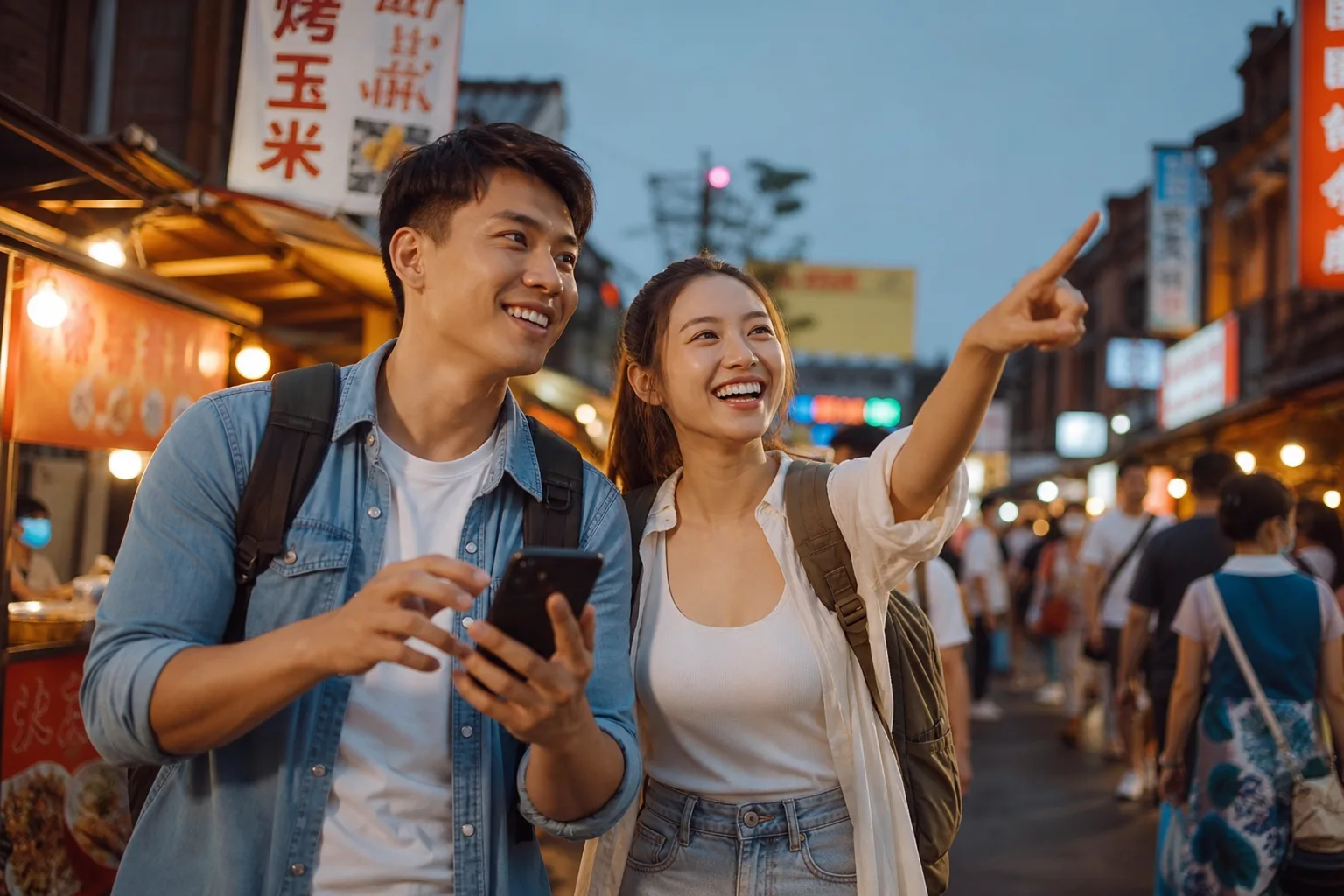 Pareja de viajeros compartiendo su viaje desde un mercado local